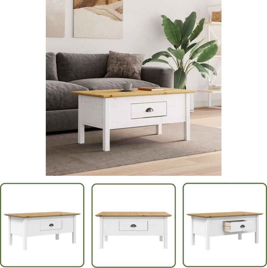 The Living Store Salontafel BODO 100x55x46 cm massief grenenhout wit en bruin Salontafel Franse Stijl Houten Tafel Grenenhouten Tafel Vintage Tafel - Foto 2