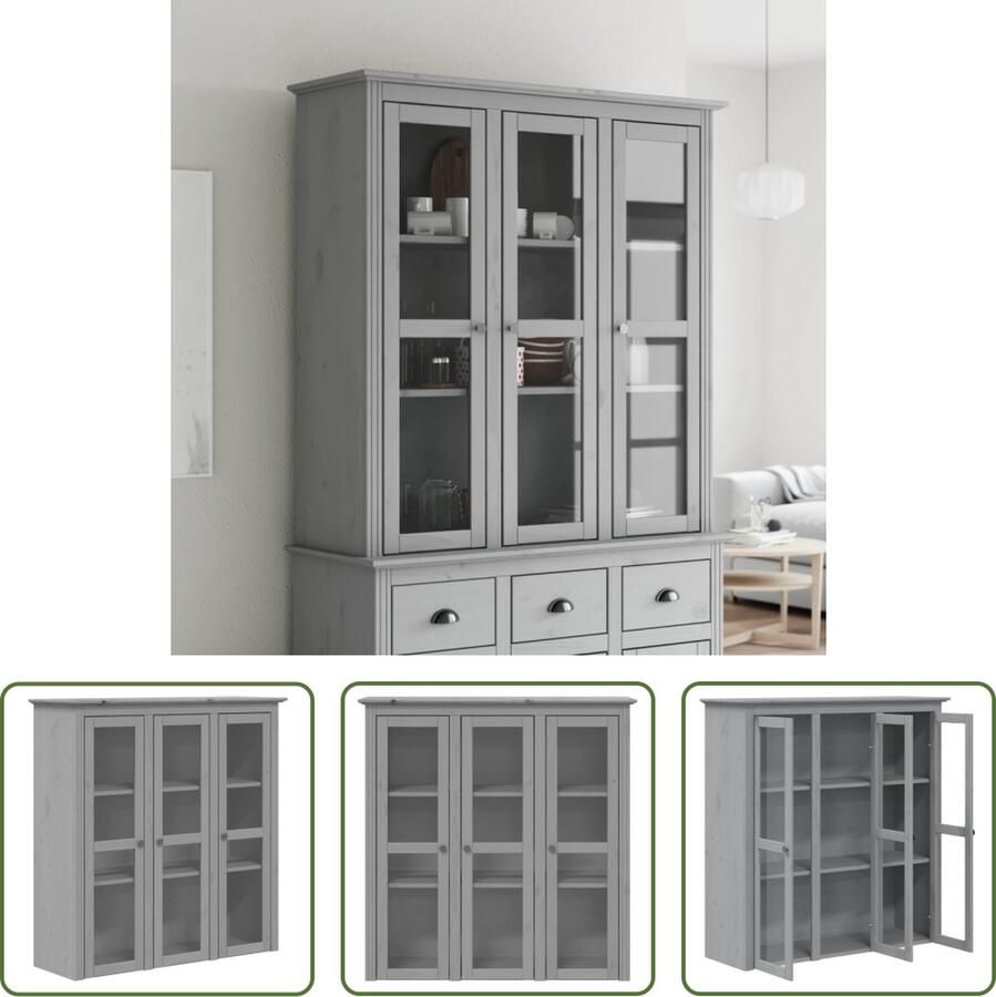 The Living Store Kast met glazen deuren BODO massief grenenhout grijs Vitrinekast Houten Kast Grenoble Kast Vintage Kast Landelijke Kast