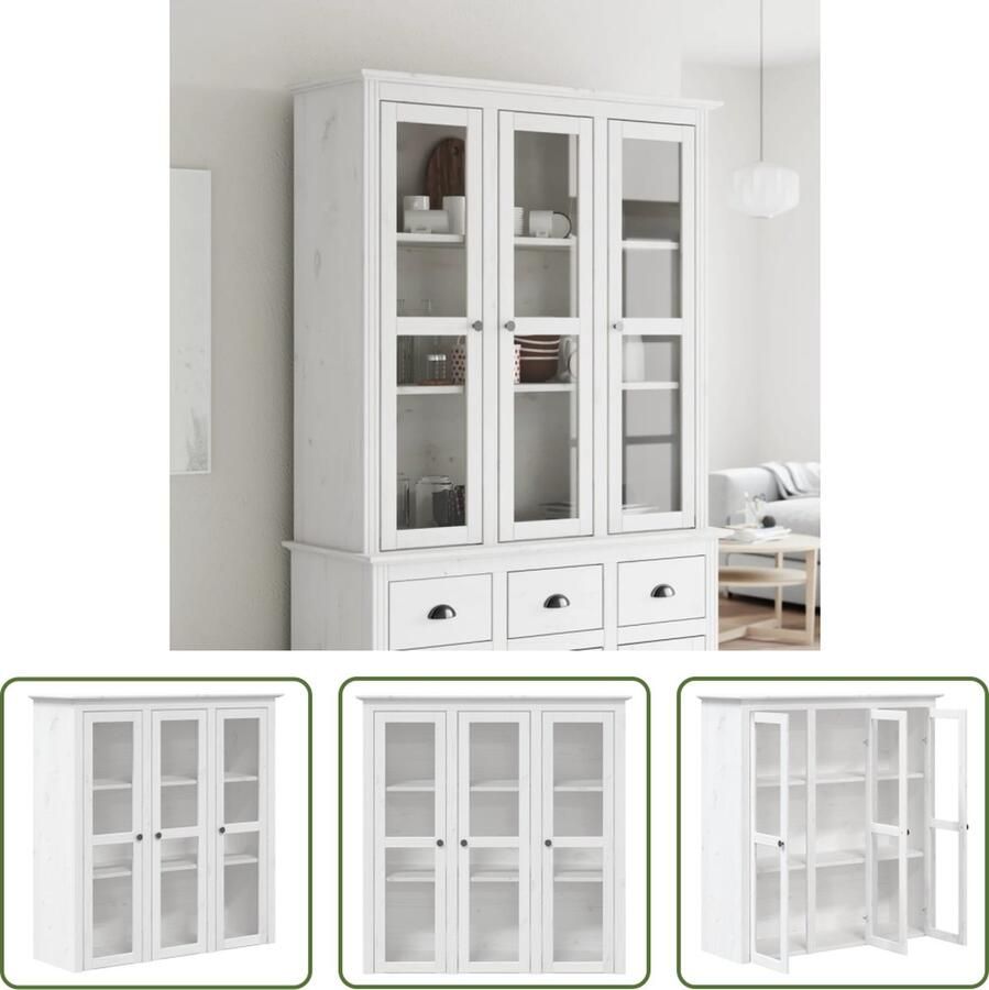 The Living Store Kast met glazen deuren BODO massief grenenhout wit Vitrinekast Houten Kast Grenoble Kast Vintage Kast Opslagoplossing