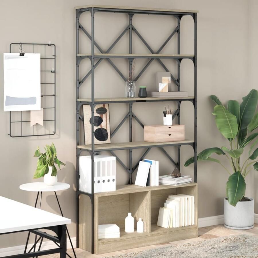 The Living Store Boekenkast 100x26x180 cm bewerkt hout en metaal sonoma eiken Boekenkast Boekenplank Opslagoplossing Woonaccessoires Eikenhout