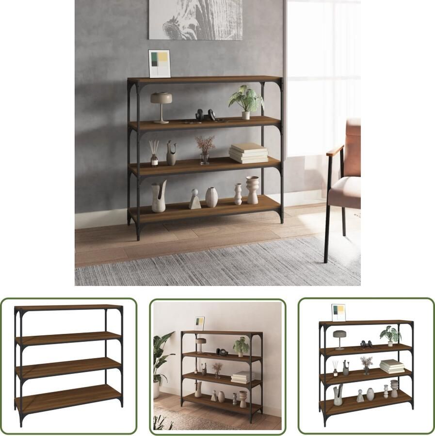 The Living Store Boekenkast 100x33x100 cm bewerkt hout en staal bruineikenkleur Boekenkast Industrieel Design Houten Kast Opbergkast Bibliotheek - Foto 2
