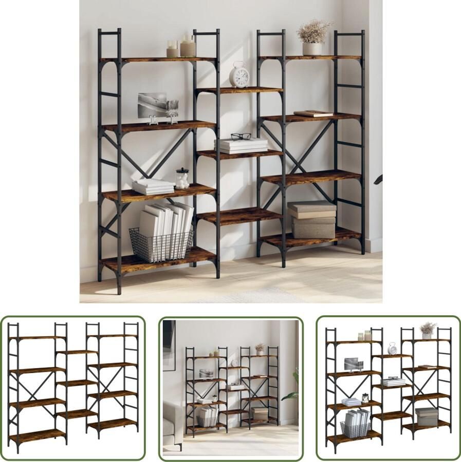 The Living Store Boekenkast 160x28 5x136 5 cm bewerkt hout gerookt eikenkleurig Boekenkast Industriële Boekenkast Houten Boekenkast Bruine Boekenkast Vintage Boekenkast