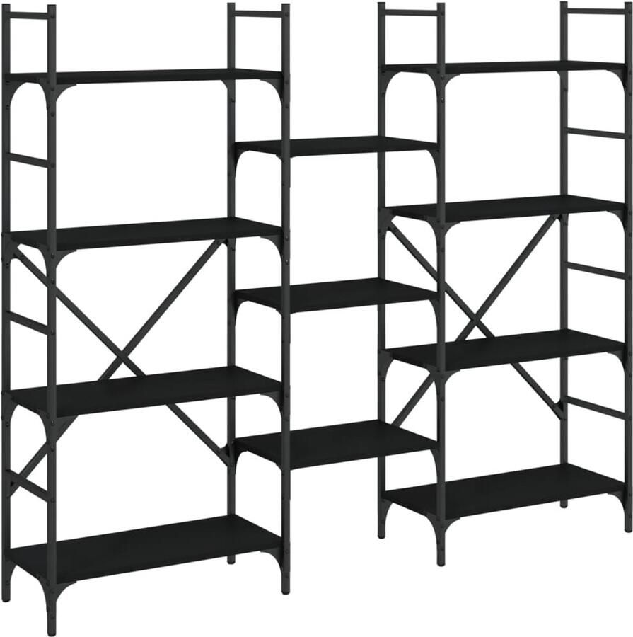 The Living Store Boekenkast 160x28 5x136 5 cm bewerkt hout zwart Boekenkast Houten Boekenkast Zwarte Boekenkast Bibliotheekkast Opbergkast - Foto 2