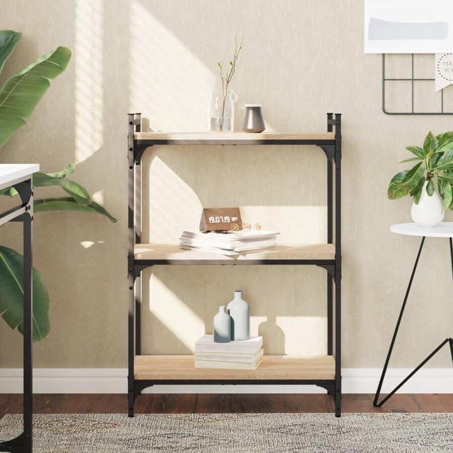 The Living Store Boekenkast 3-laags 60x30x86 cm bewerkt hout sonoma eikenkleurig Boekenkast Houten Boekenkast Bibliotheek Kast Salontafel Woonaccessoires