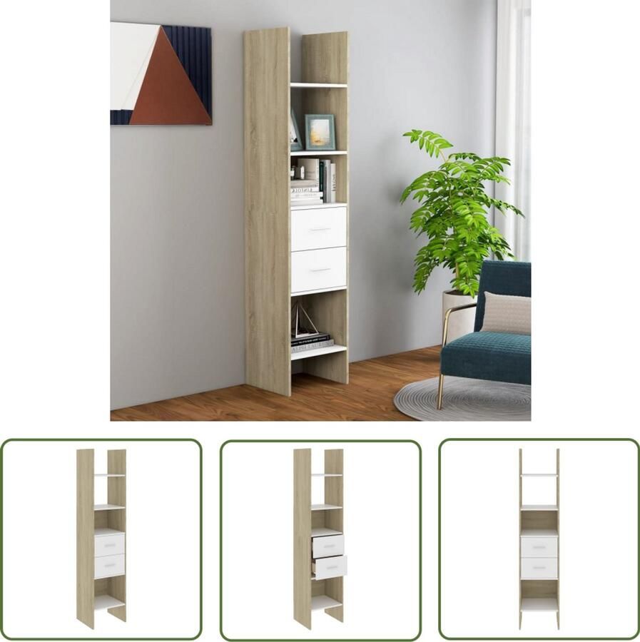 The Living Store Boekenkast 40x35x180 cm bewerkt hout wit en sonoma eikenkleurig Boekenkasten Houten Kasten Witte Kasten Sonomaneik Kast Opslagkasten
