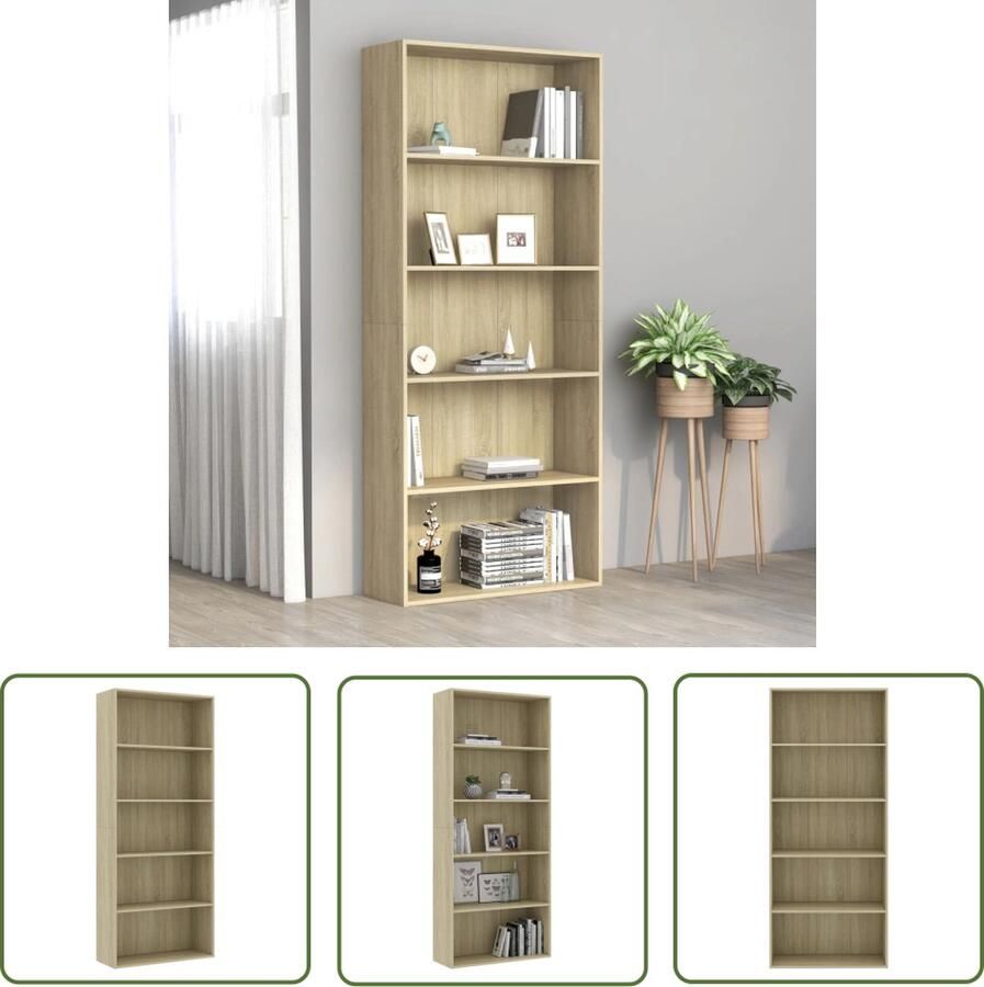 The Living Store Boekenkast 5 schappen 80x30x189 cm bewerkt hout sonoma eiken Boekenkast Houten Boekenkast Bibliotheek Boekenplank Woonkamer Meubilair - Foto 2