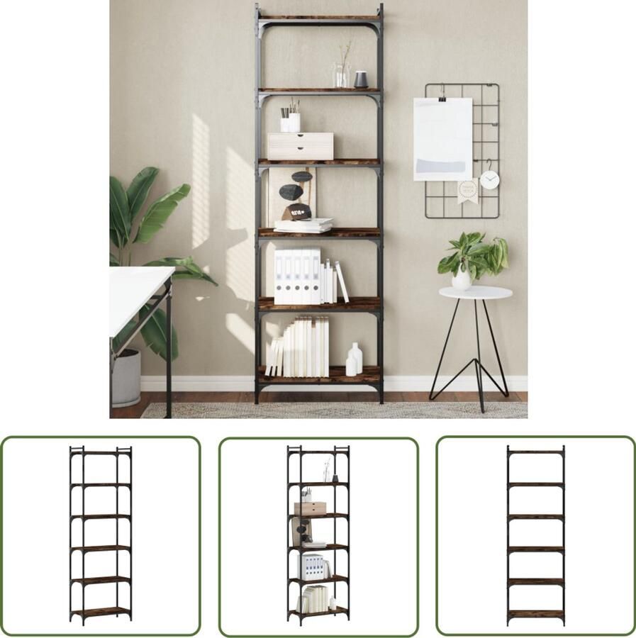 The Living Store Boekenkast 6-laags 60x30x188 cm bewerkt hout gerookt eikenkleur Boekenkast Industrieel Design Houten Boekenkast Vintage Boekenkast Bruine Boekenkast