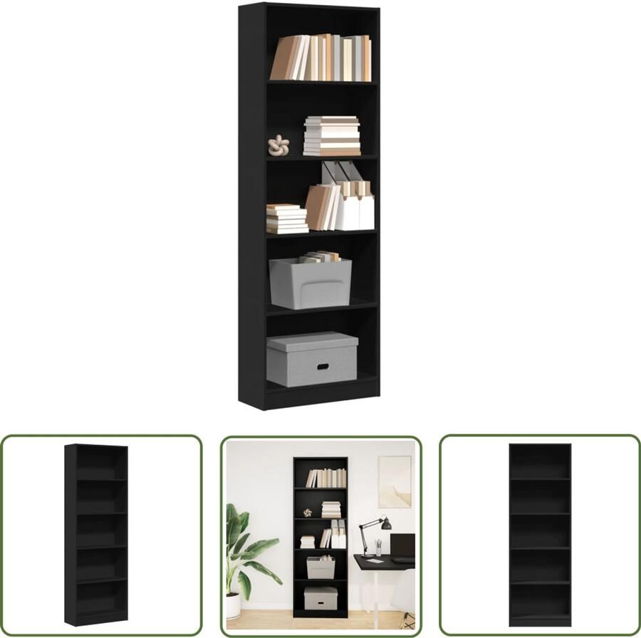 The Living Store Boekenkast 60x24x176 cm bewerkt hout zwart Boekenkast Houten Kast Opbergkast Bibliotheekkast Interieurdecoratie