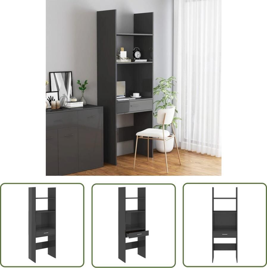 The Living Store Opbergkast Hoogglans grijs 60 x 35 x 180 cm Stevig en duurzaam Bibliotheek Boekenkast Opbergkast Grijze Boekenkast Design Boekenkast - Foto 2