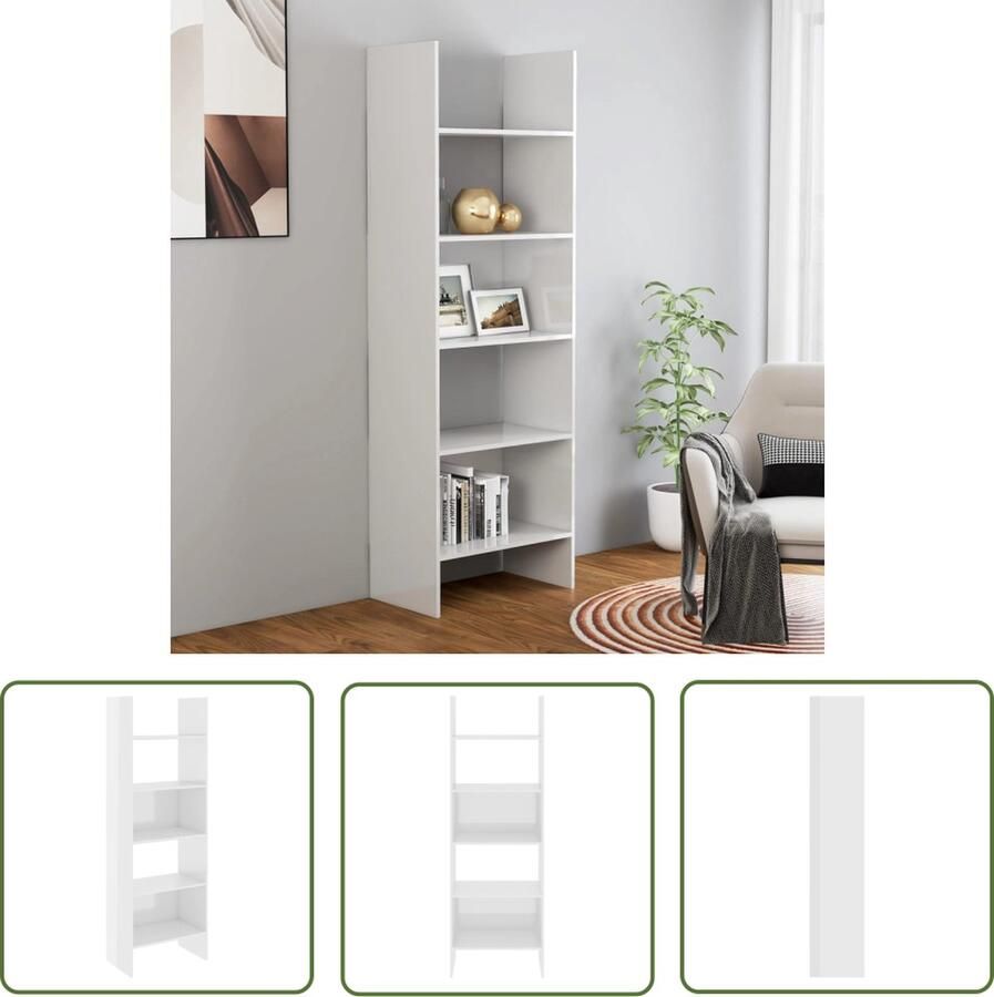 The Living Store Boekenkast 60x35x180 cm bewerkt hout hoogglans wit Bibliotheek Boekenkast Opslagruimte Modern Wit - Foto 2