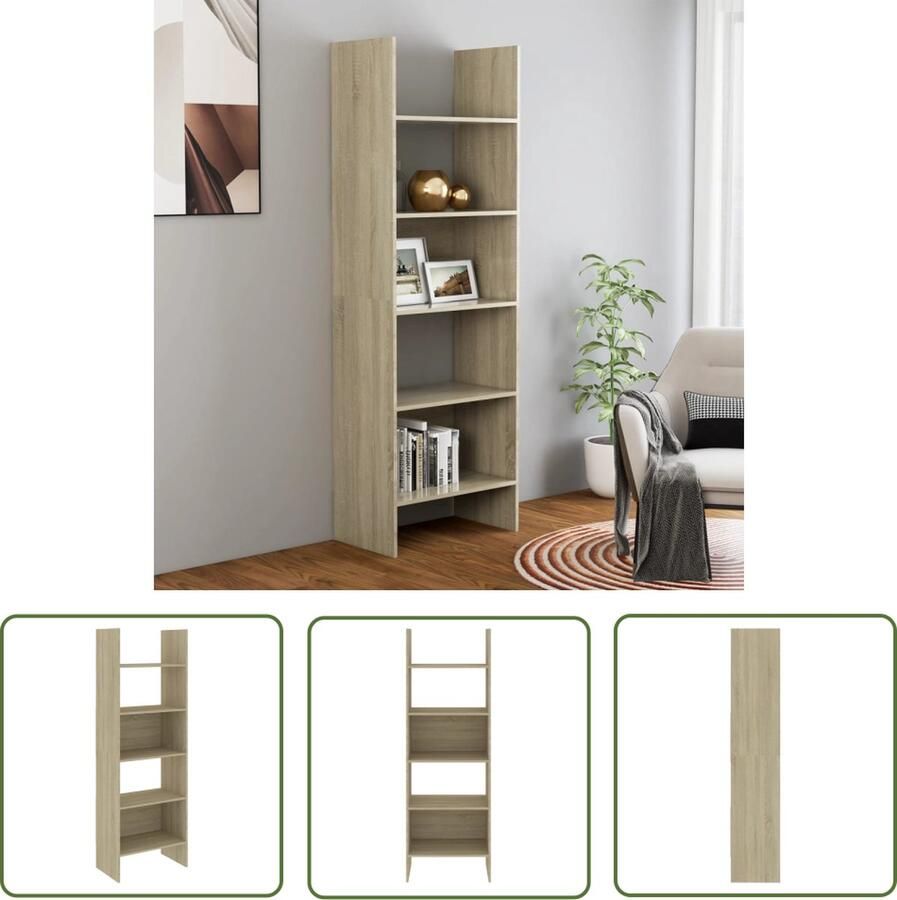 The Living Store Boekenkast 60x35x180 cm bewerkt hout sonoma eikenkleurig Bibliotheek Boekenkast Opbergkast Houten Meubilair Design Bibliotheek - Foto 2