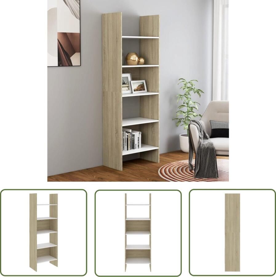 The Living Store Opbergkast Wit en Sonoma Eiken 60 x 35 x 180 cm Stevige en Duurzame Spaanplaat Bibliotheek Boekenkast Opbergkast Witte Boekenkast Houten Boekenkast