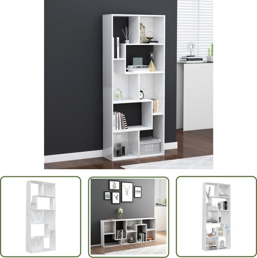 The Living Store Boekenkast Hoogglans wit 67 x 24 x 161 cm Spaanplaat Boekenkast Houten Boekenkast Wit Boekenkast Bibliotheekkast Opslagkast - Foto 2