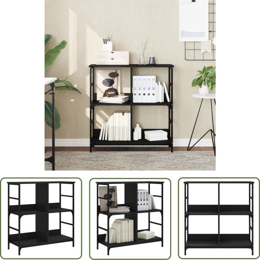 The Living Store Boekenrek 78.5 x 33 x 82 cm Industrieel zwart Boekenrek Boekenkast Industriële Boekenkast Zwarte Boekenkast Houten Boekenkast