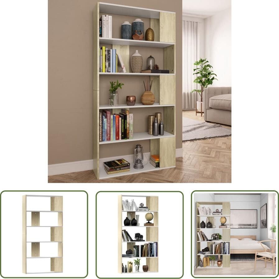 The Living Store Boekenkast kamerscherm 80x24x159 cm wit en sonoma eikenkleurig Boekenkast Houten Boekenkast Witte Boekenkast Sonoma Eiken Boekenkast Boekenplank