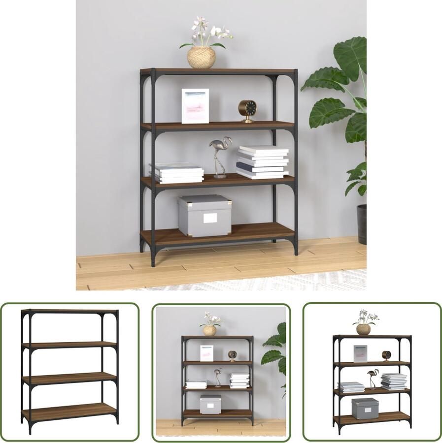 The Living Store Boekenkast 80x33x100 cm bewerkt hout en staal bruineikenkleur Boekenkast Industrieel Design Houten Boekenkast Bruine Eik Opbergruimte - Foto 2