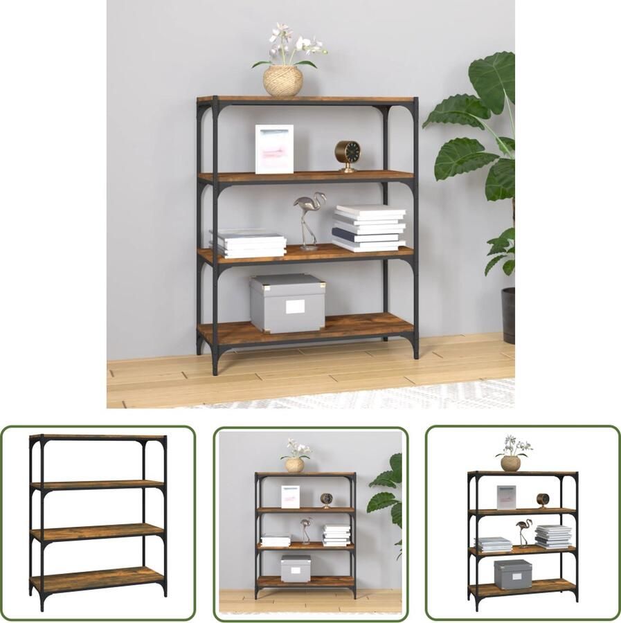 The Living Store Boekenkast 80x33x100 cm bewerkt hout en staal gerookt eiken Boekenkast Industrieel Design Houten Boekenkast Bruine Boekenkast Vintage Boekenkast - Foto 2