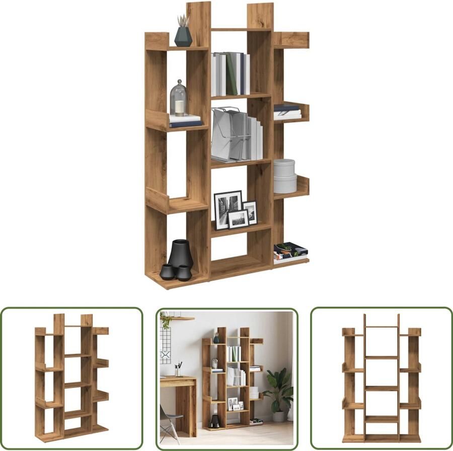 The Living Store Boekenkast 86x25 5x140 cm bewerkt hout artisanaal eikenkleur Boekenkast Houten Boekenkast Bibliotheekkast Opslagkast Woonaccessoires