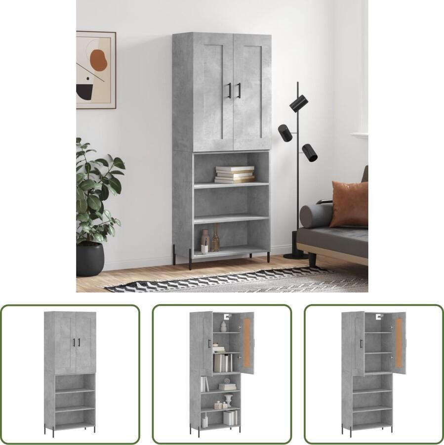 The Living Store Hoge kast 69 5x34x180 cm bewerkt hout betongrijs Hoge Kast Boekenkast Dressoir Buffetkast Betonnen Grijze Kast