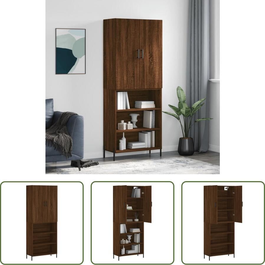 The Living Store Boekenkast Bruineiken Hoge kast 69.5 x 34 x 180 cm Duurzaam materiaal Voldoende opbergruimte Praktische deuren