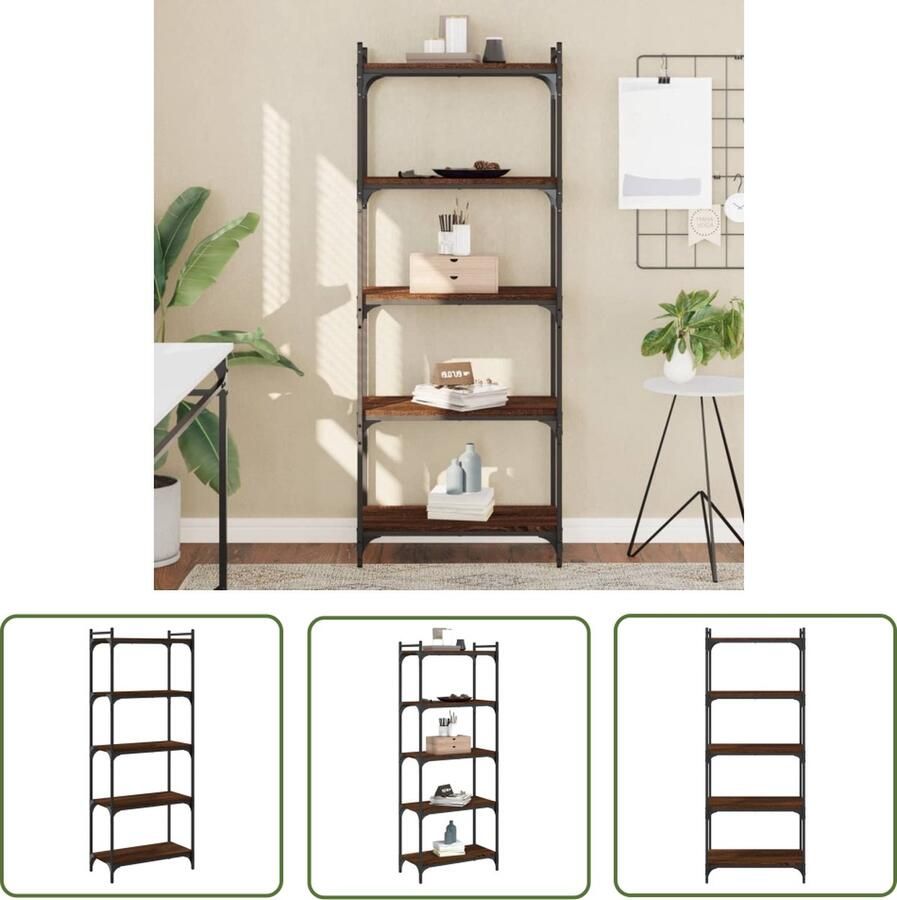 The Living Store Boekenkast Bruineiken Hoge kwaliteit bewerkt hout 60 x 30 x 154 cm Verstelbare poten Metalen frame Boekenkast Houten Boekenkast Bruine Kast Vintage Boekenkast Industrieel Design