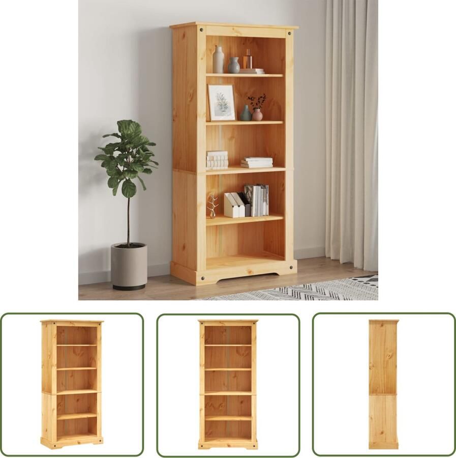 The Living Store Boekenkast Corona Hoogwaardig grenenhout 81 x 40 x 170 cm Bruin Met 5 schappen Eenvoudig te monteren Boekenkast Bibliotheek Houten Boekenkast Corona Stijl Rustic