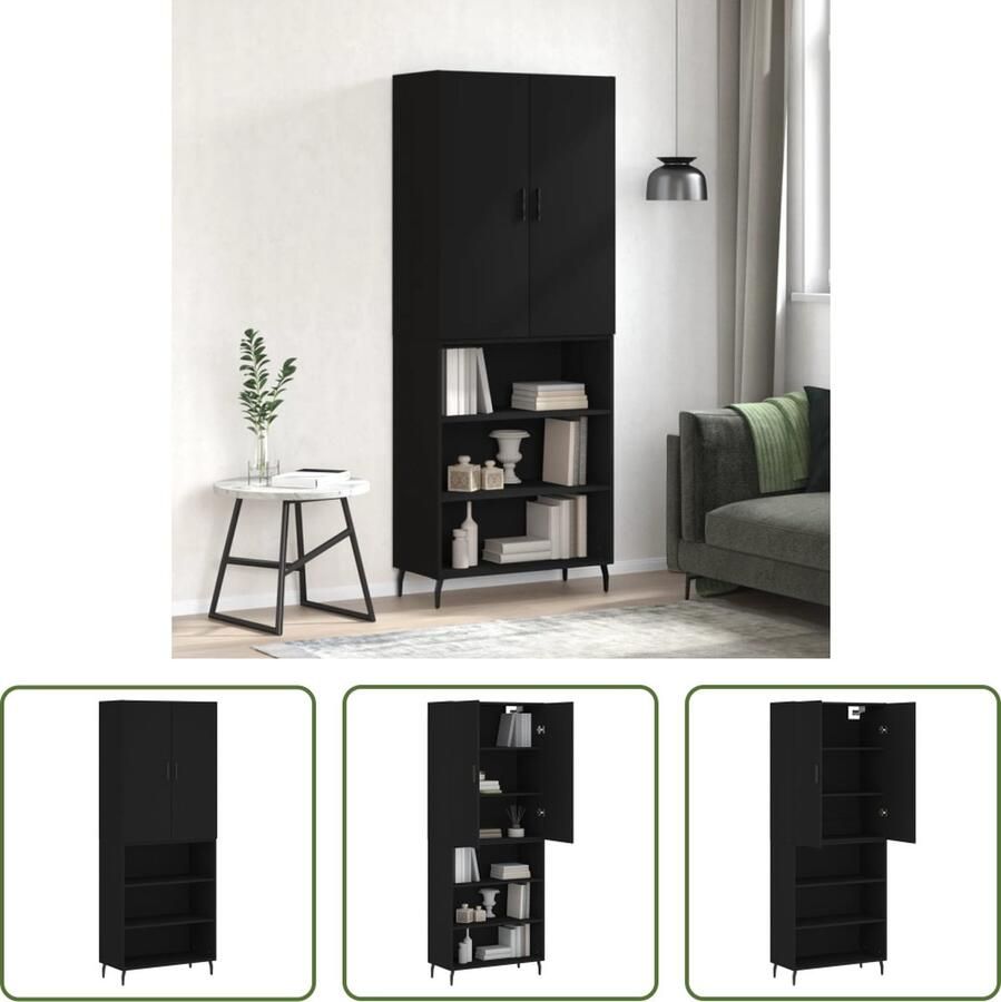 The Living Store Hoge kast 69 5x34x180 cm bewerkt hout zwart Hoge Kast Boekenkast Opbergkast Houten Kast Zwarte Kast