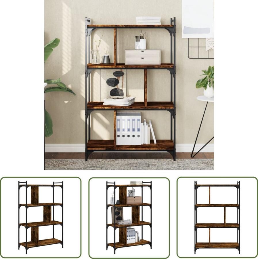 The Living Store Boekenkast Gerookt Eiken 76 x 32 x 123 cm Duurzaam hout- en metaalmateriaal Verstelbare poten Boekenkast Houten Boekenkast Bruine Boekenkast Vintage Boekenkast Industrieel Design - Foto 3