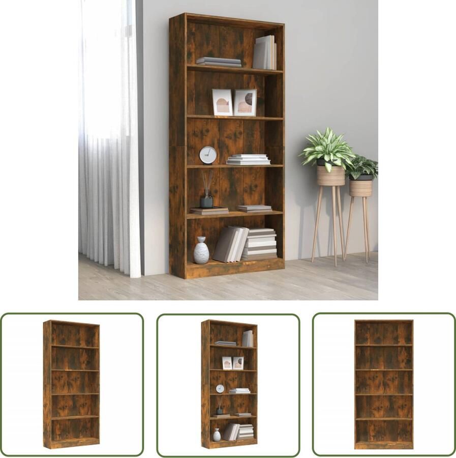 The Living Store Boekenkast Gerookt Eiken 80 x 24 x 175 cm 5-laags ontwerp Boekenkast Houten Boekenkast Bruine Boekenkast Vintage Boekenkast Bibliotheekkast - Foto 2