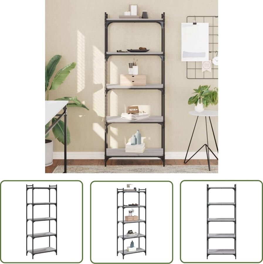 The Living Store Boekenkast 5-laags 60x30x154 cm bewerkt hout grijs sonoma Boekenkast Houten Boekenkast Grijze Boekenkast Boekenplank Opslagmeubel - Foto 3