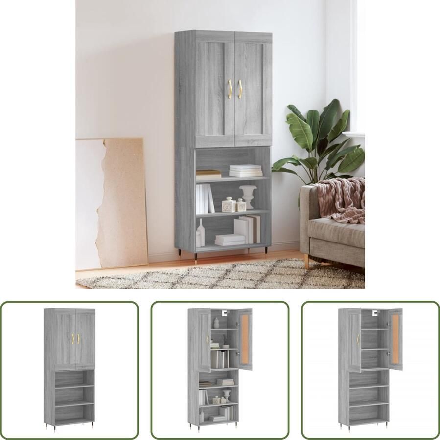 The Living Store Boekenkast Grijs Sonoma Eiken 69.5 x 32.5 x 180 cm Inclusief Opzetkast Montage Vereist
