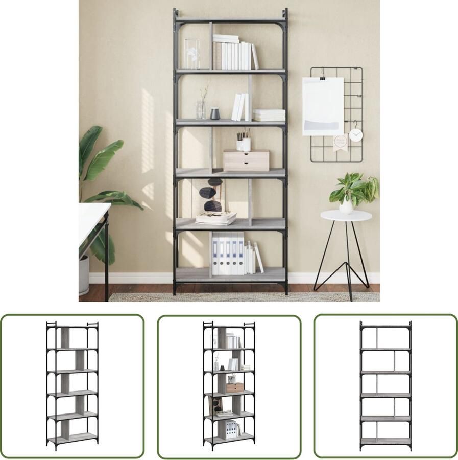 The Living Store Boekenkast Grijs Sonoma Eiken 76 x 32 x 192 cm Verstelbare Poten Metalen Frame Boekenkast Houten Boekenkast Grijze Boekenkast Boekenplank Opslagoplossing - Foto 2