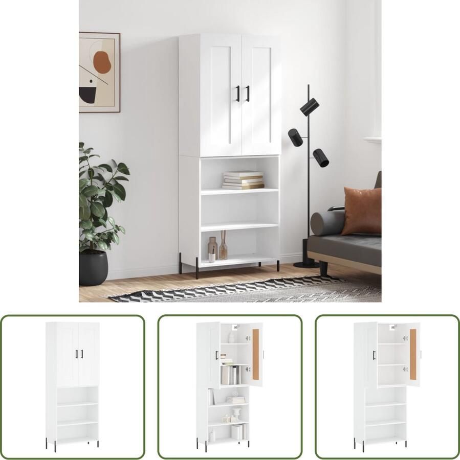 The Living Store Hoge kast 69 5x34x180 cm bewerkt hout wit Hoge Kast Boekenkast Opbergkast Witte Kast Houten Kast