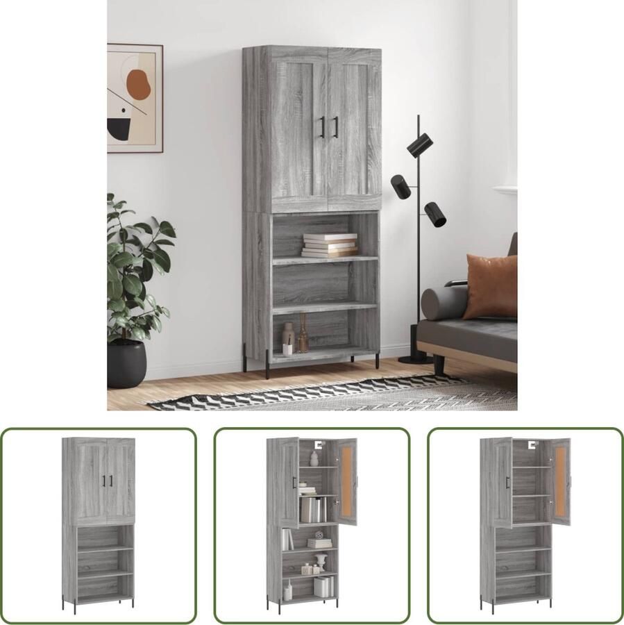 The Living Store Hoge kast 69 5x34x180 cm bewerkt hout grijs sonoma eikenkleurig Hoge Kast Boekenkast Opbergkast Grijze Kast Houten Kast