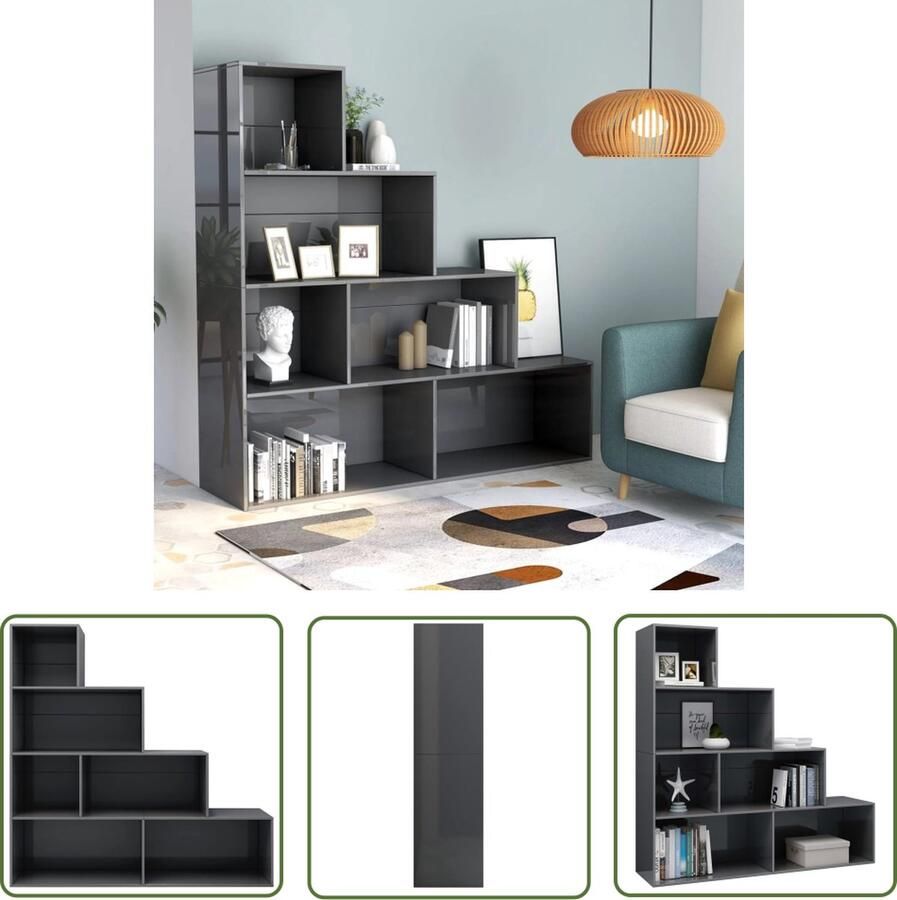 The Living Store Boekenkast Hoogglans grijs 155 x 24 x 160 cm 6 open schappen