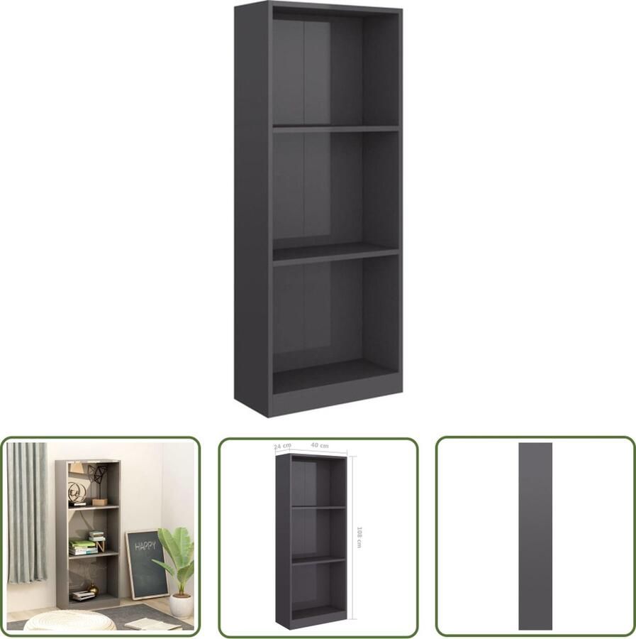 The Living Store Boekenkast Hoogglans Grijs Bewerkt hout 40 x 24 x 108 cm 3 open opbergschappen Boekenkast Houten Boekenkast Bibliotheek Boekenplank Opbergkast - Foto 2