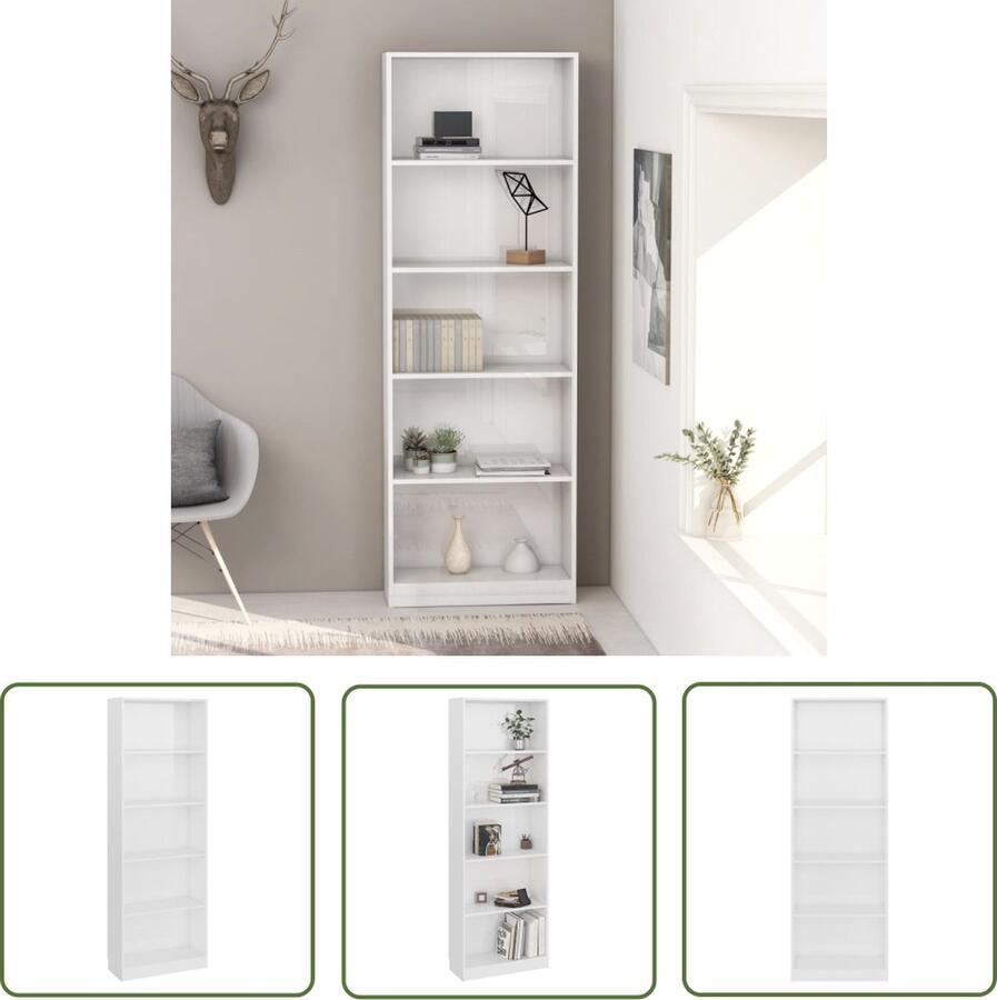 The Living Store Boekenkast Hoogglans Wit 60x24x175 cm 5 schappen - Foto 2