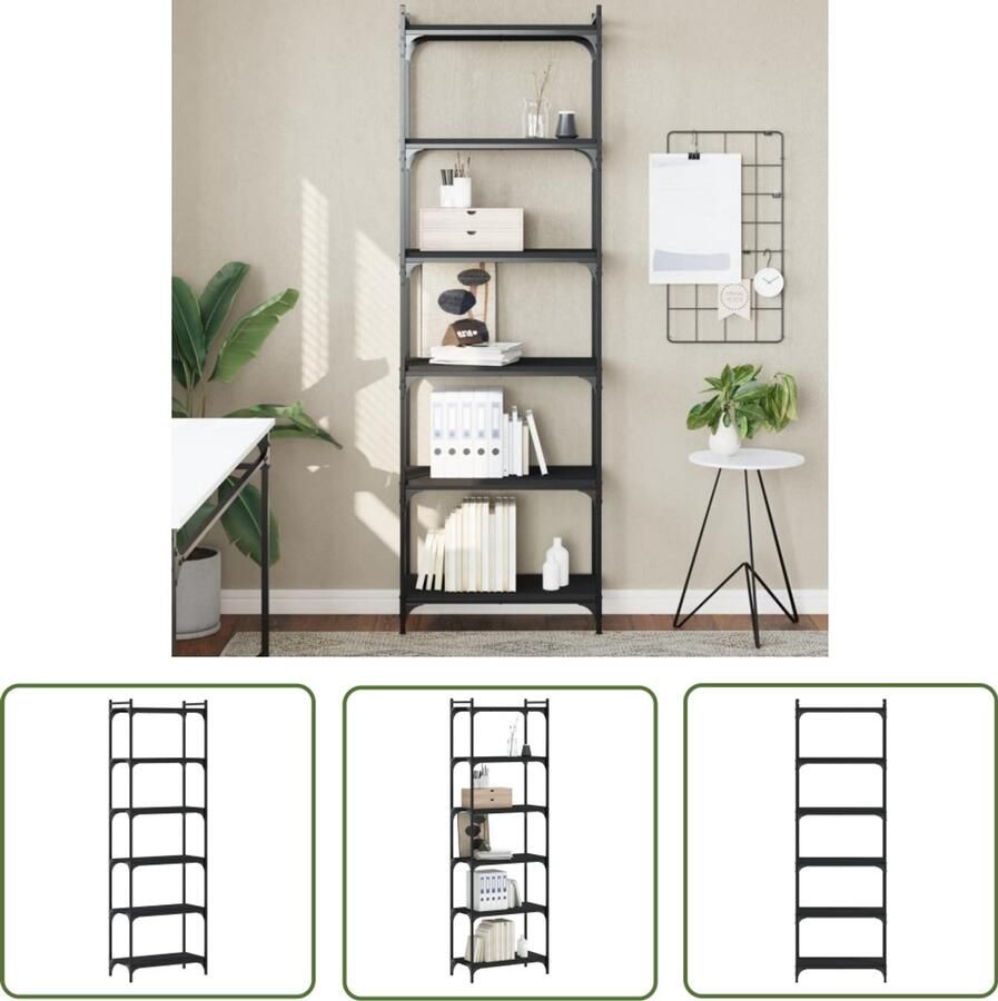 The Living Store Boekenkast 6-laags 60x30x188 cm bewerkt hout zwart Boekenkast Industrieel Design Houten Boekenkast Bibliotheekkast Opslagoplossing - Foto 4