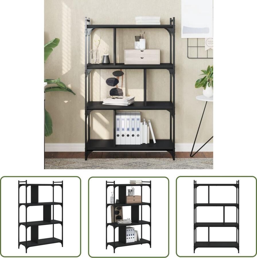 The Living Store Boekenkast IndustriÃle Stijl 76 x 32 x 123 cm Zwart Boekenkast Industrieel Houten Boekenkast Zwarte Boekenkast Bibliotheek - Foto 3