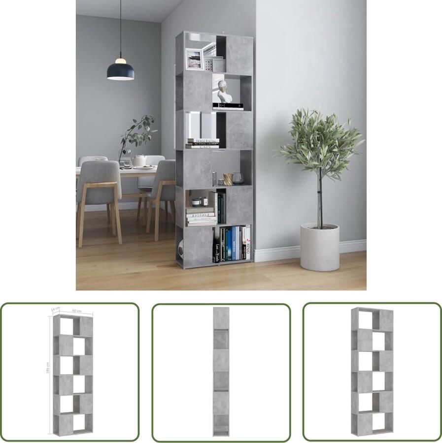 The Living Store Boekenkast kamerscherm 60x24x186 cm bewerkt hout betongrijs Boekenkast Kamerverdeler Boekenrek Houten Boekenkast Grijze Boekenkast - Foto 2