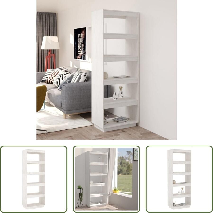 The Living Store Boekenkast kamerscherm 60x35x167 cm massief grenenhout wit Boekenkast Bibliotheek Houtmeubel Grenenhouten Meubels Boekenplank - Foto 2