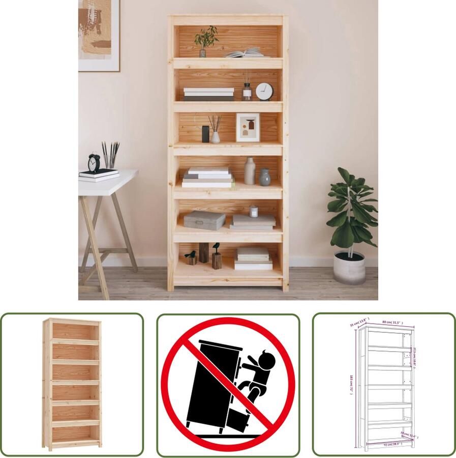 The Living Store Boekenkast Massief Grenenhout 80x35x183 cm Rustiek Boekenkast Houten Kast Bibliotheek Opbergkast Rustic - Foto 2