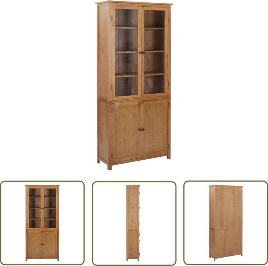 The Living Store Boekenkast met 4 deuren 90x35x200 cm massief eikenhout en glas Vintage Boekenkast Bruin Eikenhouten Boekenkast Boekenplank Bibliotheek - Foto 2