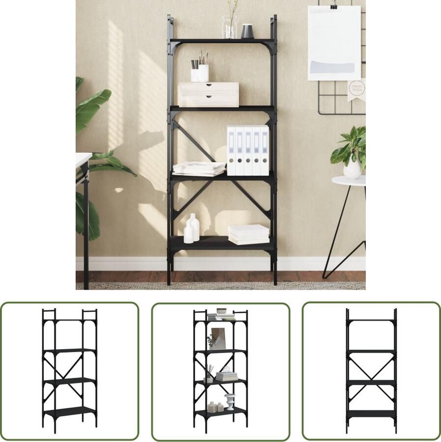 The Living Store Boekenkast 4-laags 56x31 5x138 5 cm bewerkt hout zwart Boekenkast Houten Boekenkast Zwarte Boekenkast Boekenplank Opslagmeubel - Foto 2