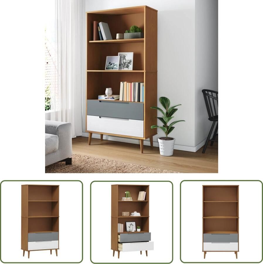 The Living Store Boekenkast MOLDE 85x35x170 5 cm massief grenenhout bruin Boekenkast Houten Boekenkast Scandinavisch Design Grenenhout Boekenkast Bibliotheek - Foto 2