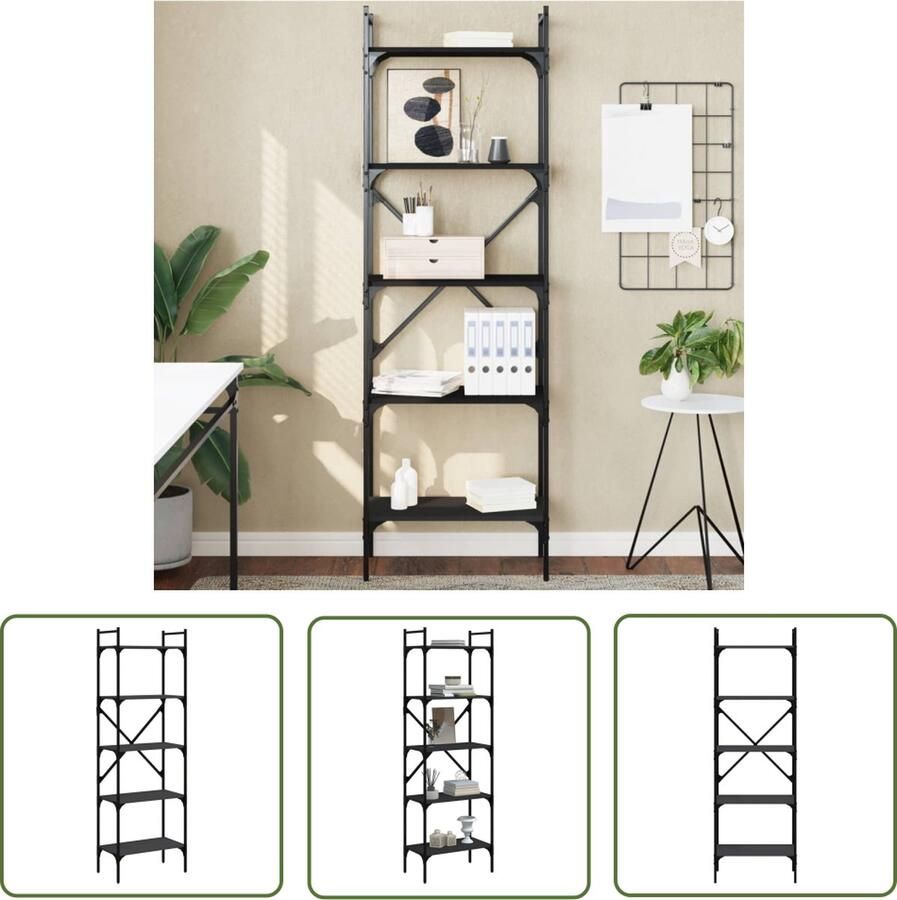 The Living Store Boekenkast naam 56x31.5x174 cm Zwart Bewerkt hout en metaal Montage vereist Boekenkast Houten Boekenkast Zwarte Boekenkast Industrieel Boekenkast Boekenplank - Foto 3