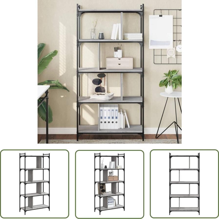 The Living Store Boekenkast 5-laags 76x32x158 cm bewerkt hout grijs sonoma Boekenkast Boekenplank Houten Kast Grijze Kast Industrieel Design - Foto 2