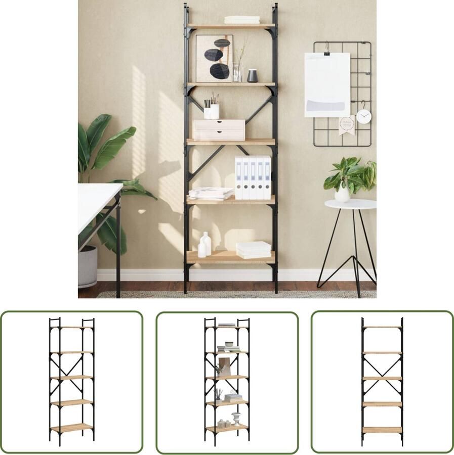 The Living Store Boekenkast Sonoma Eiken 56 x 31.5 x 174 cm Duurzaam bewerkt hout en metaal Boekenkast Houten Boekenkast Bibliotheekkast Vintage Boekenkast Industrieel Boekenkast - Foto 2