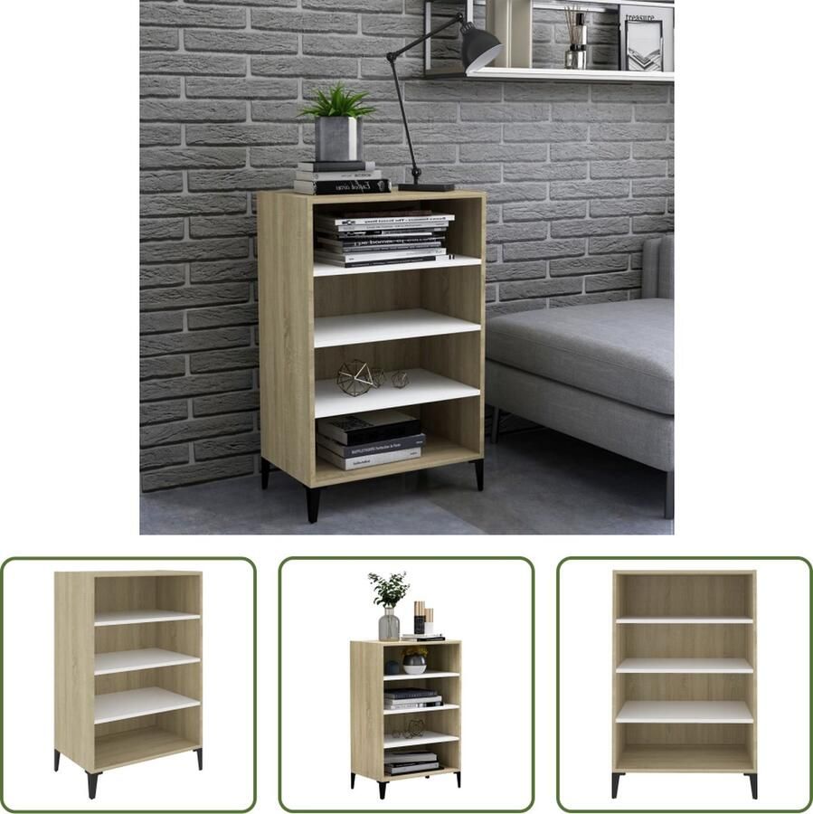 The Living Store Dressoir 57x35x90 cm bewerkt hout wit en sonoma eikenkleurig Boekenkast Dressoir Salontafel Houten Meubilair Witte Meubels
