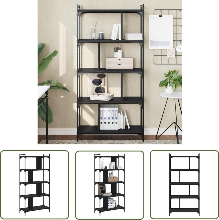 The Living Store Boekenkast V2 Zwart 76 x 32 x 158 cm Duurzaam hout en metaal Boekenkast Houten Boekenkast Zwarte Boekenkast Boekenplank Bibliotheek - Foto 2